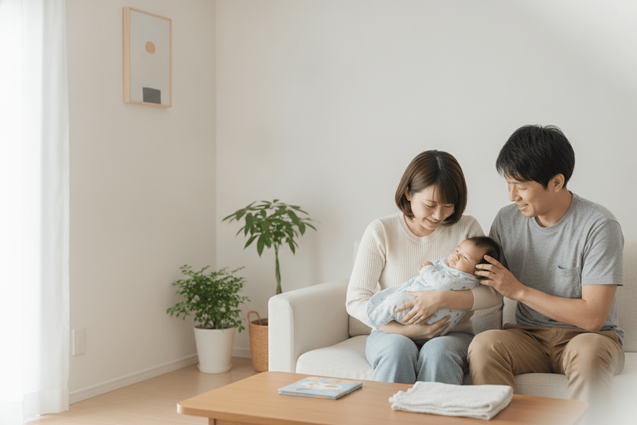 明るいリビングのソファで、赤ちゃんを抱っこしながら穏やかに見つめる両親